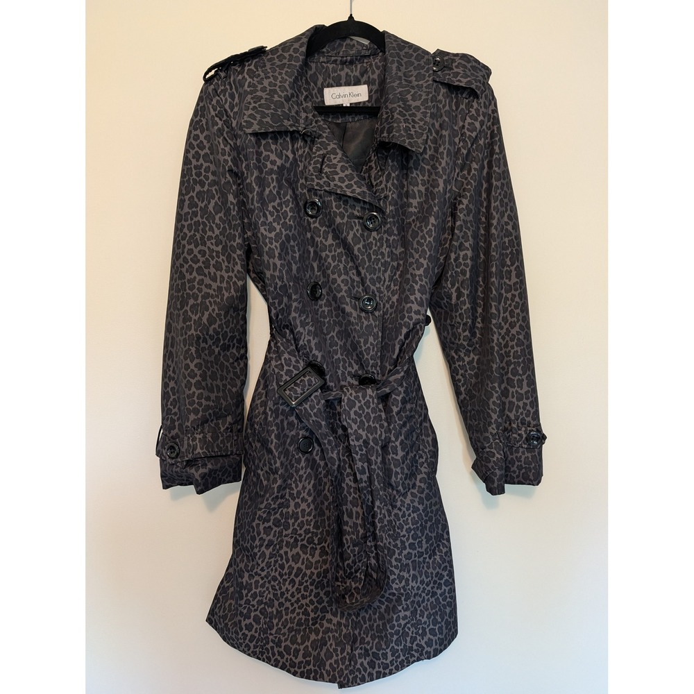 Calvin Klein Womens Gray Leopard Print Double Breasted Belted Trench Coat XL Pea